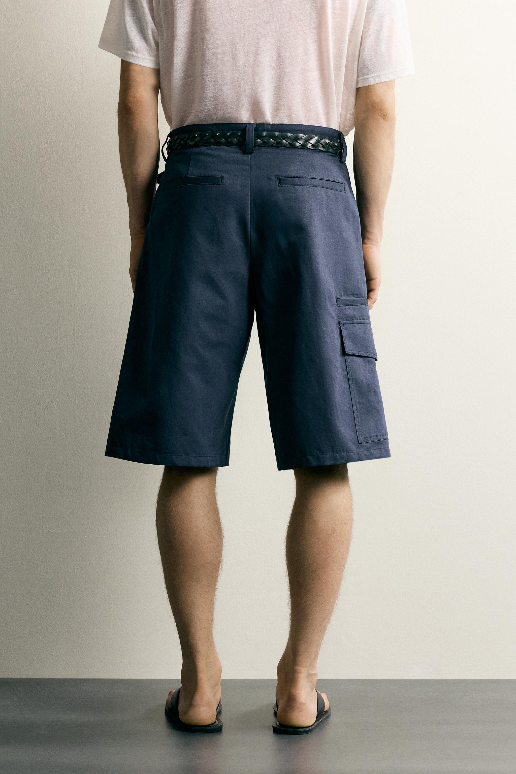 COTTON-LINEN RELAXED FIT CARGO SHORTS